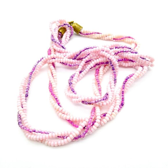 Barbiecore Seed Bead Torsade Necklace, Pink and Purple Pastel Vintage Strands - Picture 3 of 3